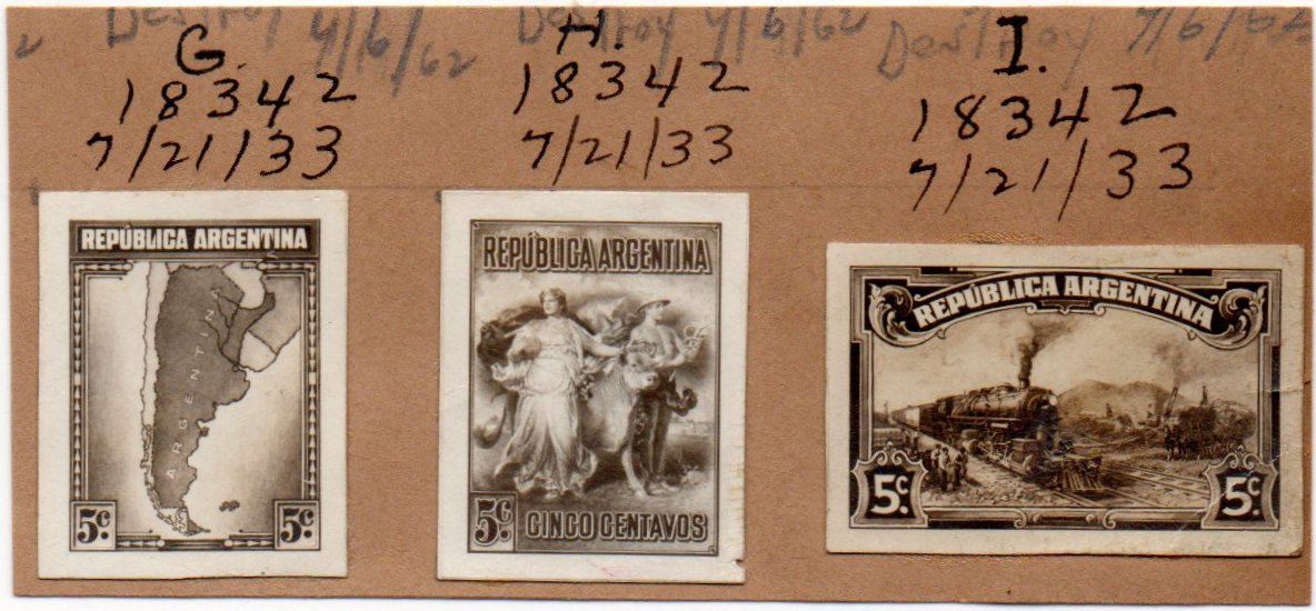 Argentina unadopted unissued stamp designs for 1933, Map of South America, Bucolic Scene, Steam Train & Farming : possibly a unique record of the designs.